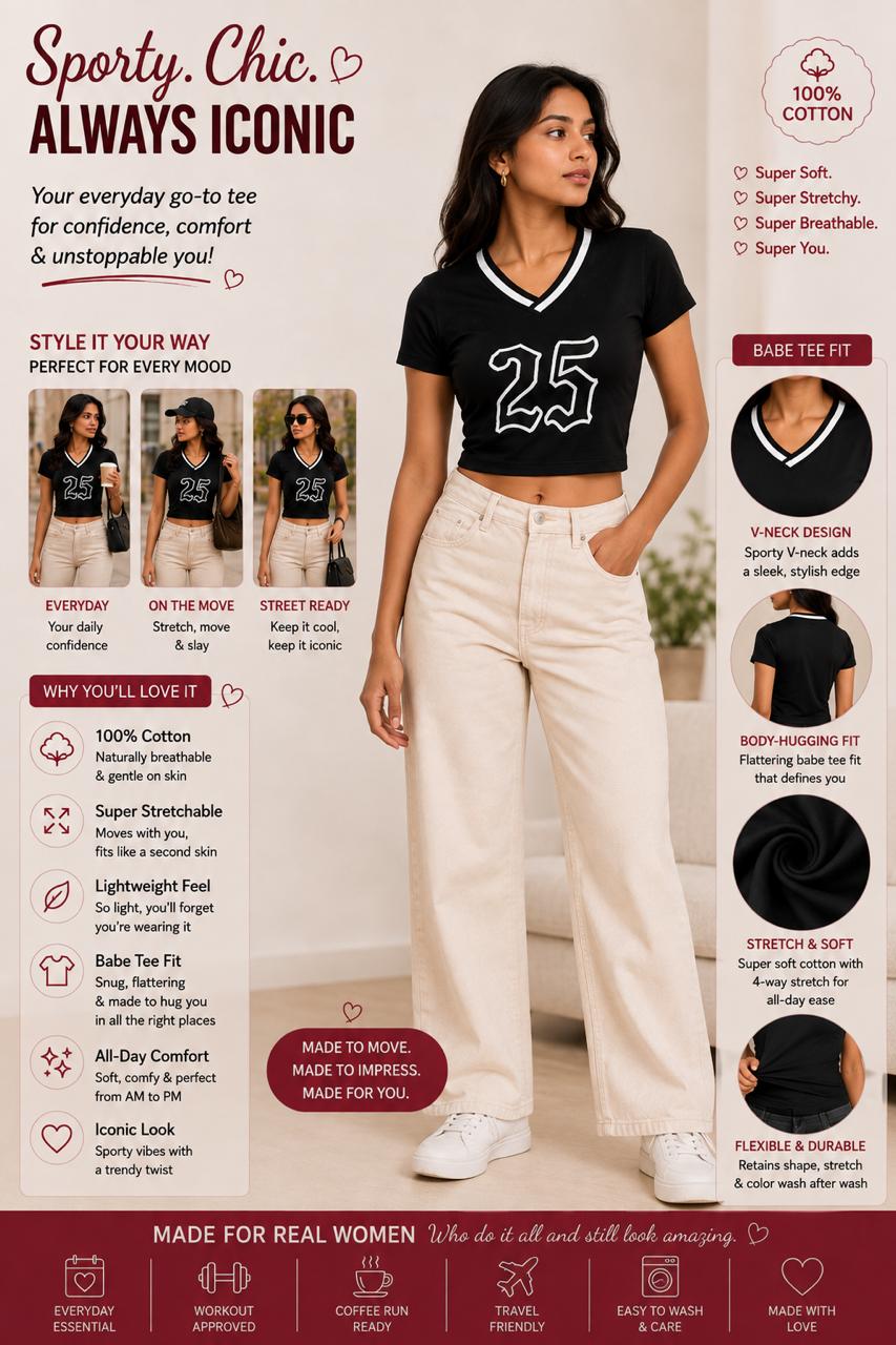 Retro printed Black contrast collar Baby tee | Women's cropped Fit T-shirt