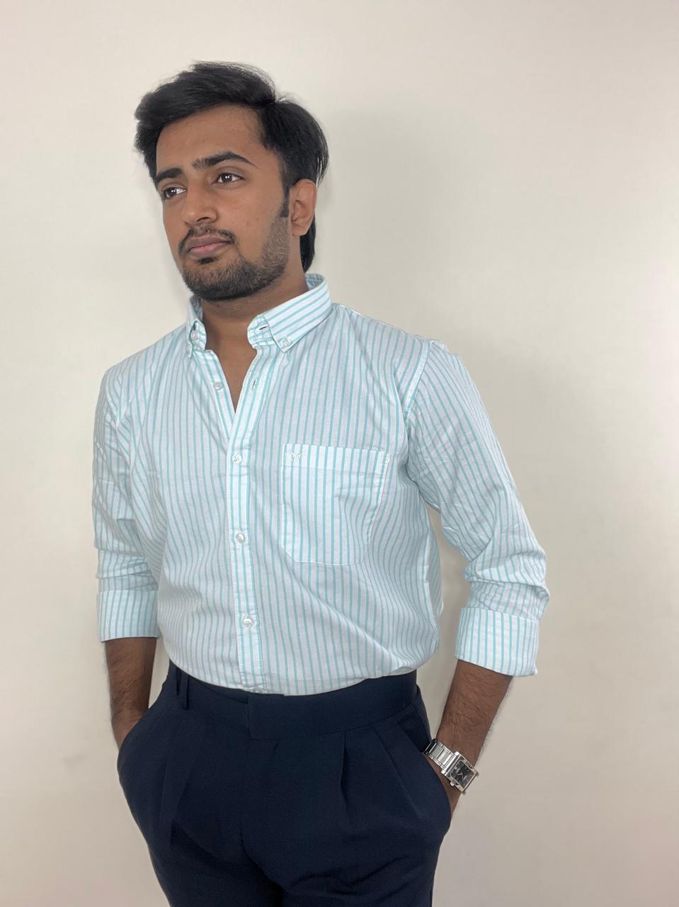 Pastel blue striped oxford cotton-linen| button down collar