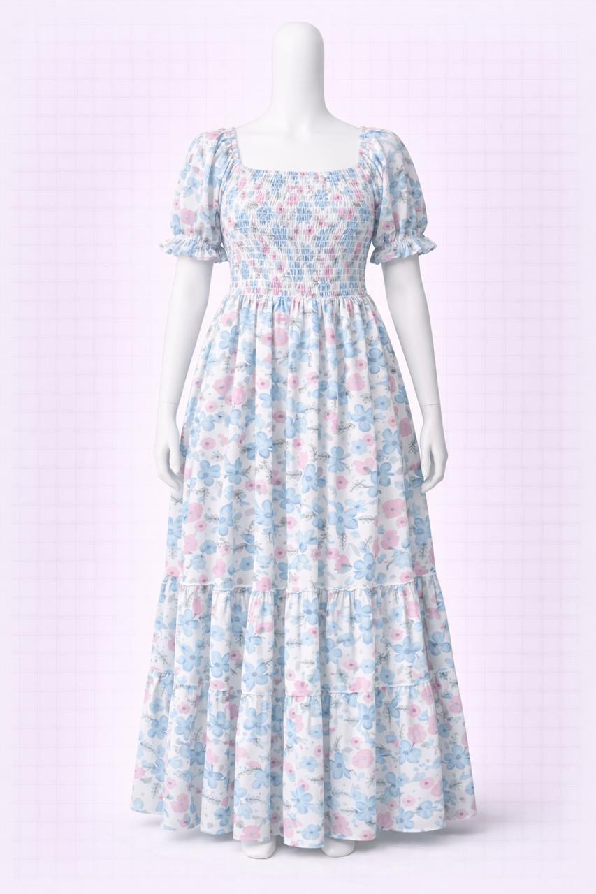 Women's white & blue floral printed sundress with puff sleeves
