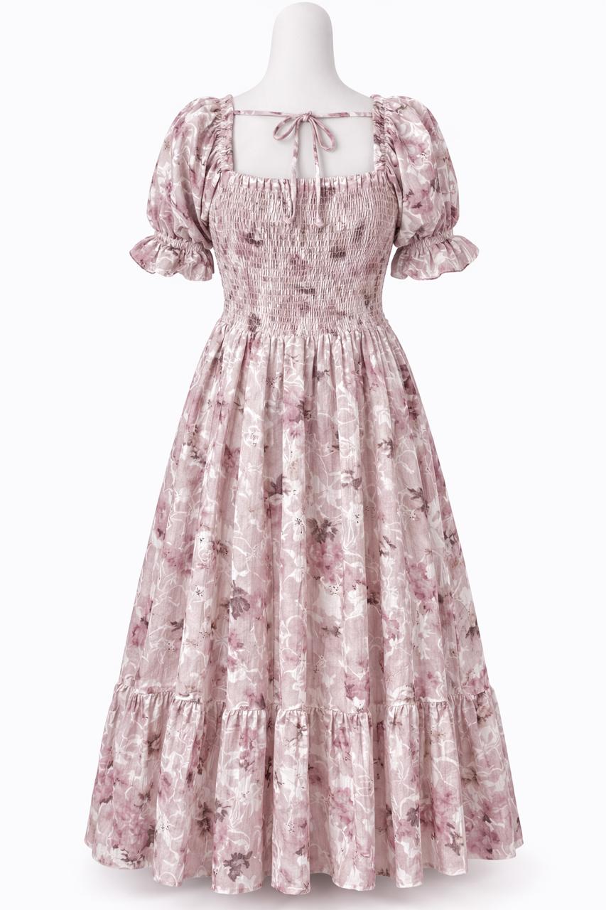 Women's cream floral printed embroidered sundress with puff sleeves