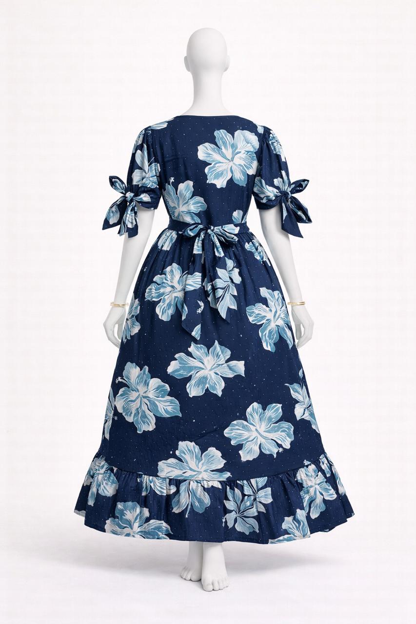 Women's navy blue floral maxi with puff sleeves tie up dress