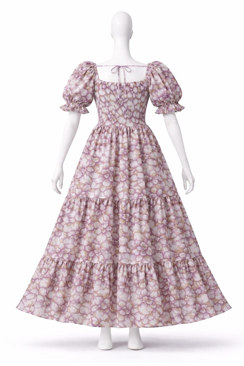 Women's violet & white floral printed sundress with puff sleeves