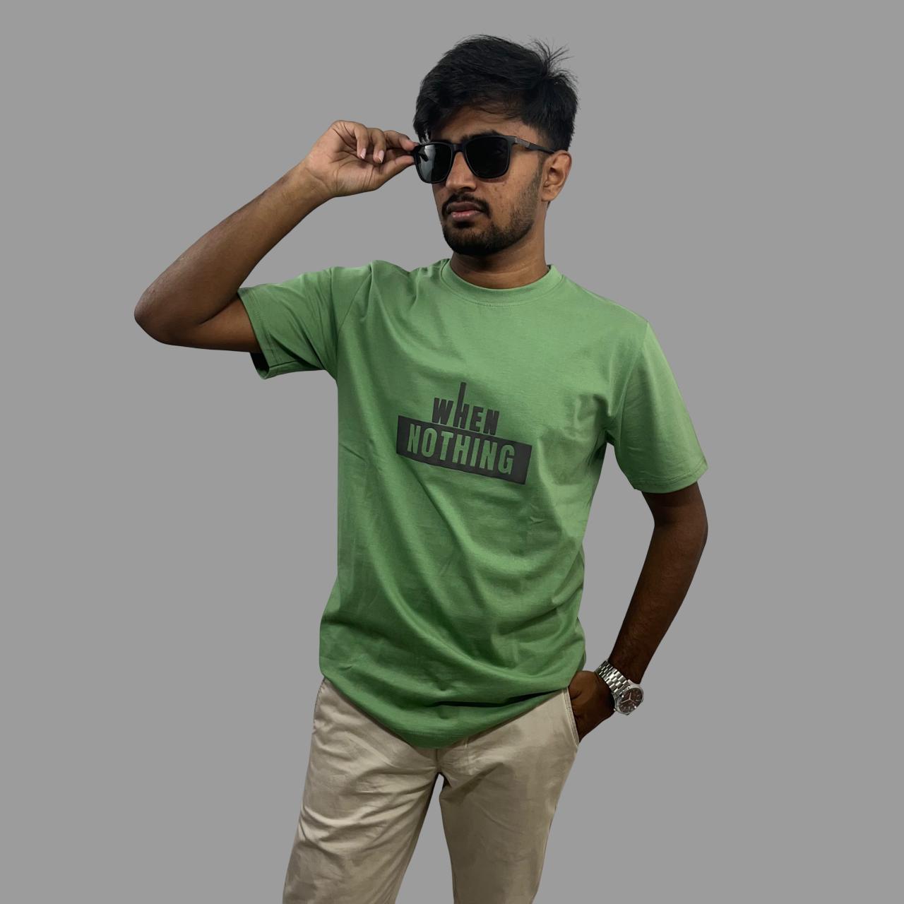 back printed olive green tshirt .