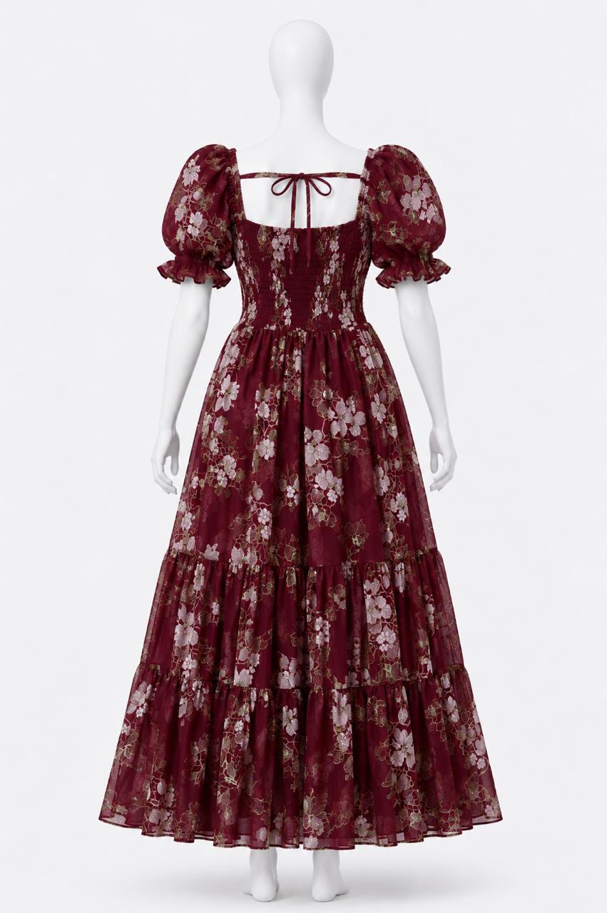 Women's red floral printed sundress with puff sleeves