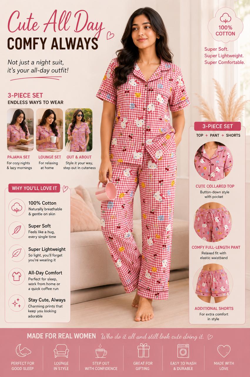 Hello kitty Printed Premium 3-Piece Cotton Lounge Set