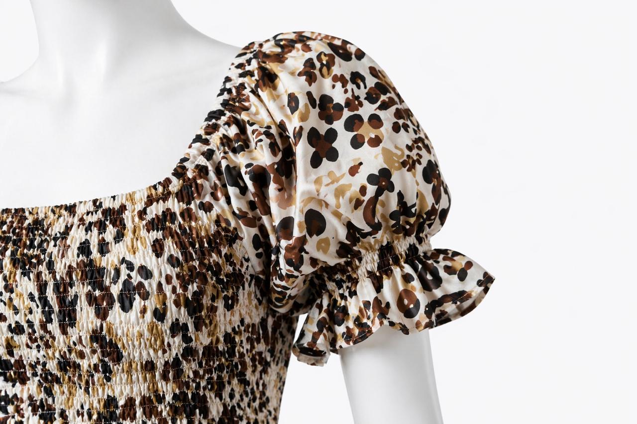 Women's cream &Black printed sundress with puff sleeves