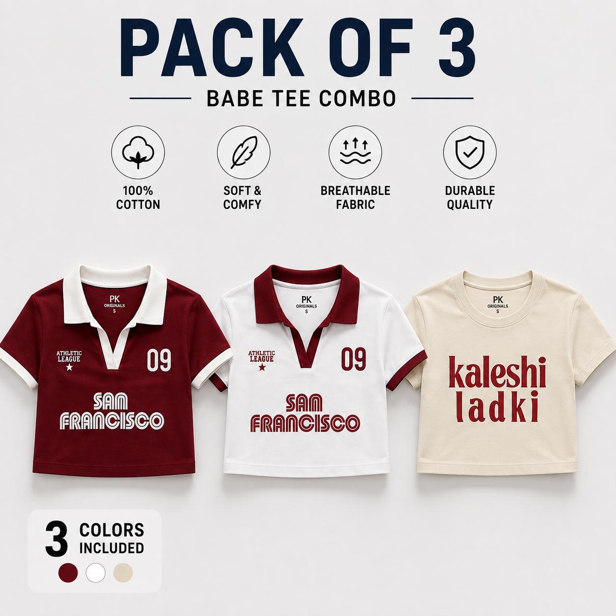 Pack of 3 T-shirts contrast collar Baby tee | Women's cropped Fit T-shirt