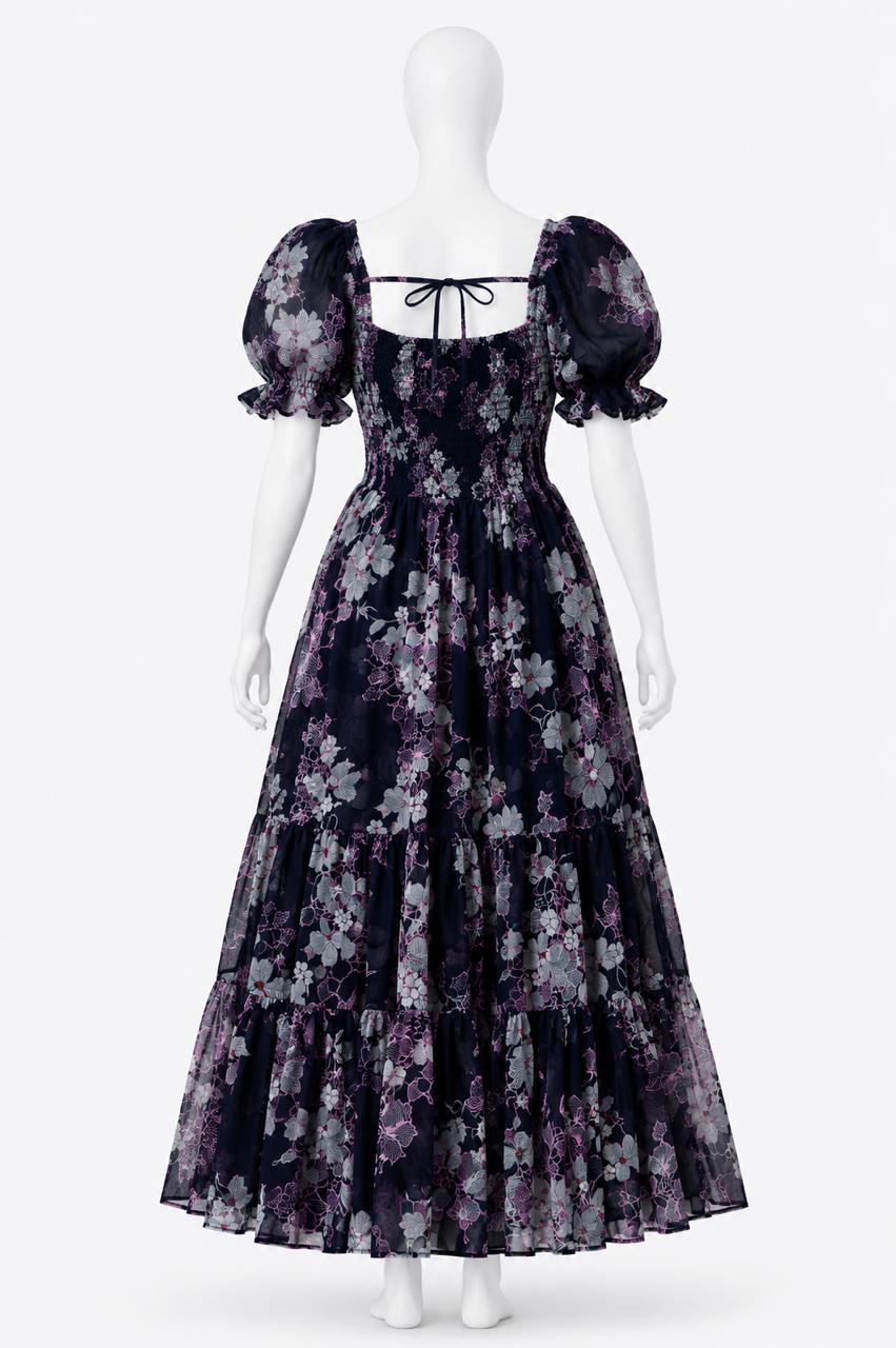Women's navy blue floral printed sundress with puff sleeves