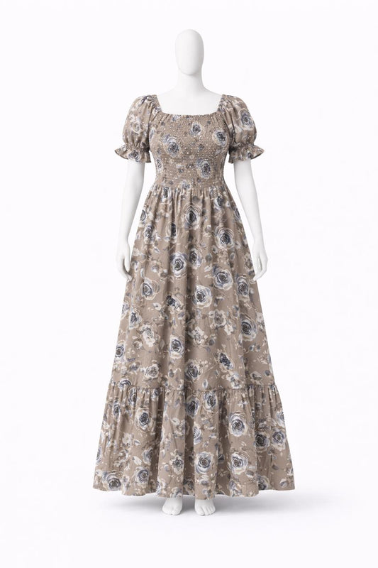 Women's brown floral printed sundress with puff sleeves