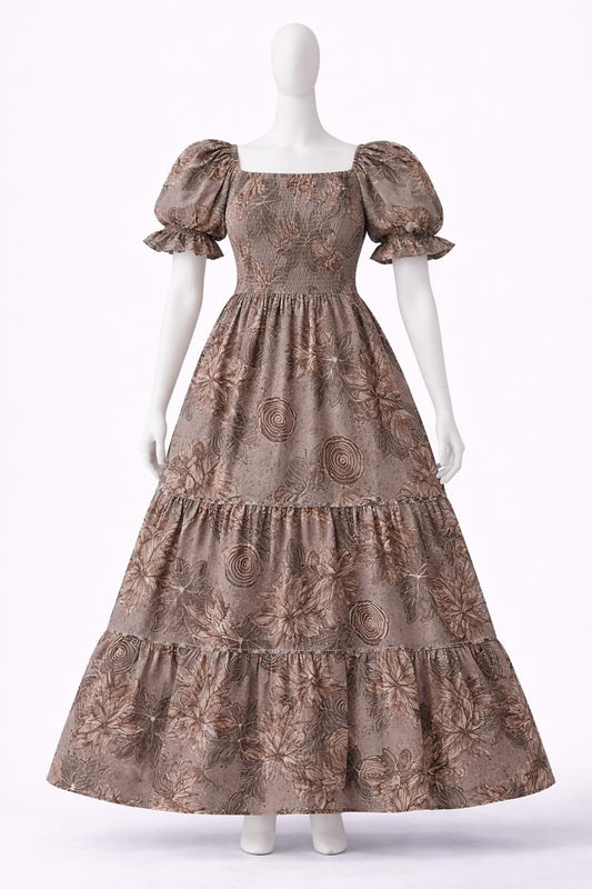 Women's premimum brown floral printed sundress with puff sleeves