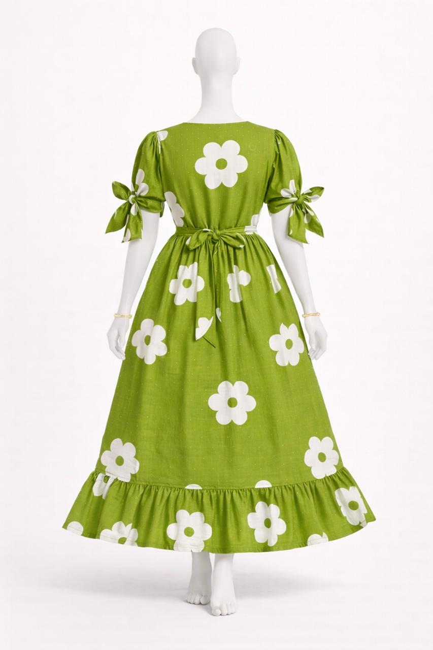 Women's green floral maxi with puff sleeves tie up