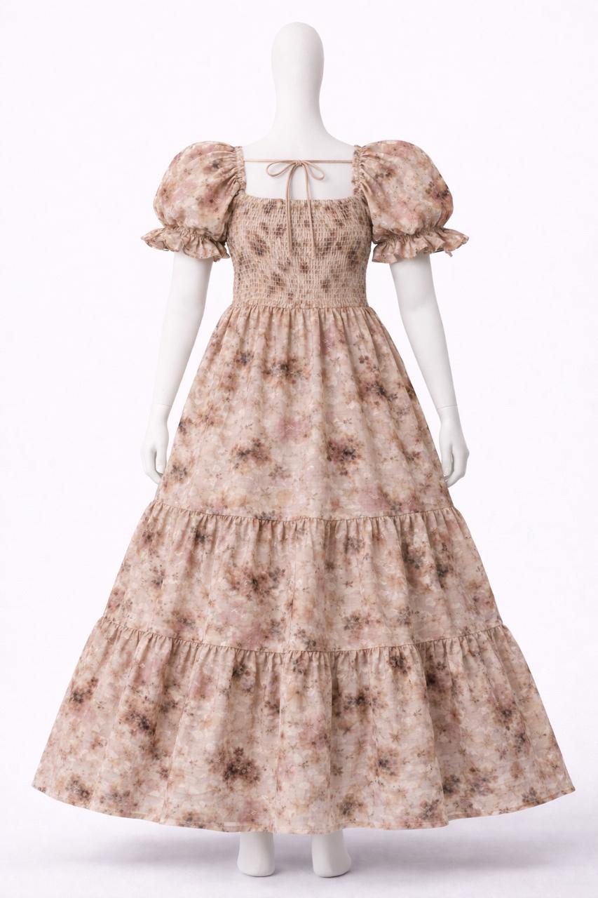 Women's Beige & pink printed sundress with puff sleeves