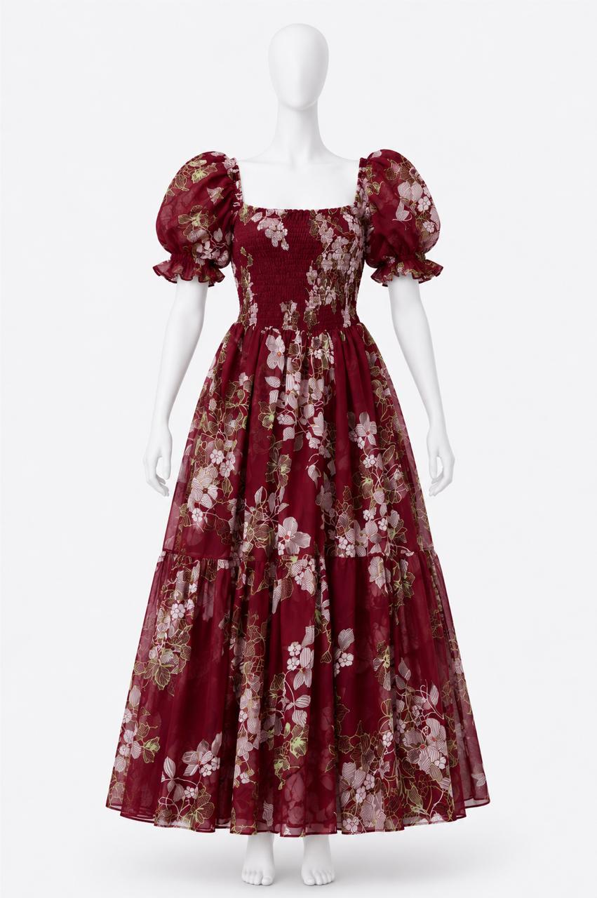 Women's red floral printed sundress with puff sleeves