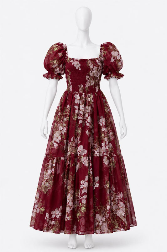 Women's red floral printed sundress with puff sleeves