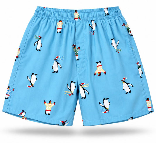 Men’s 100% cotton Penguin Printed Boxer Shorts | Double side pockets | Blue
