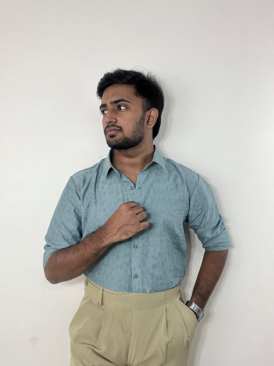 Sage teal textured premium self design shirt