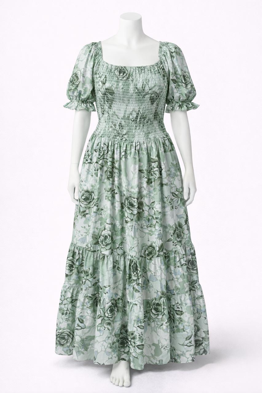 Women's green floral printed sundress with puff sleeves