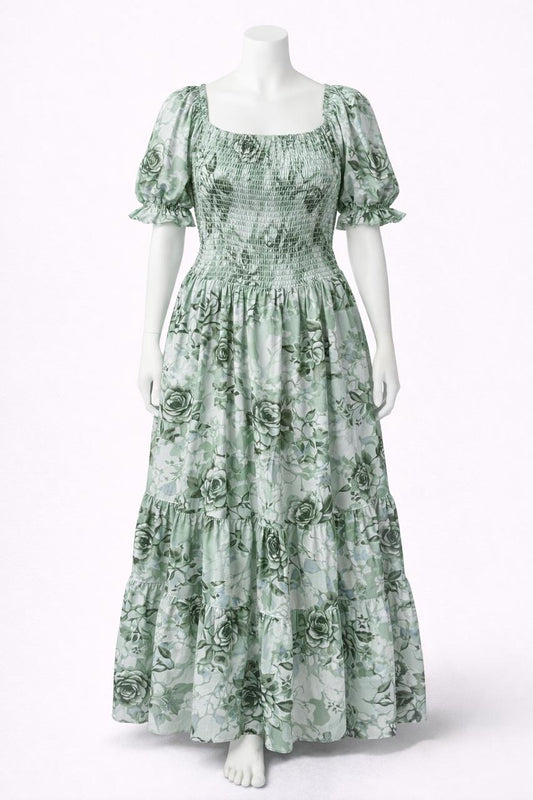Women's green floral printed sundress with puff sleeves