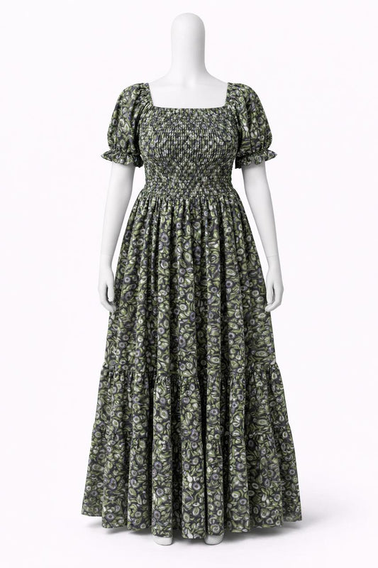 Women's Green printed sundress with puff sleeves