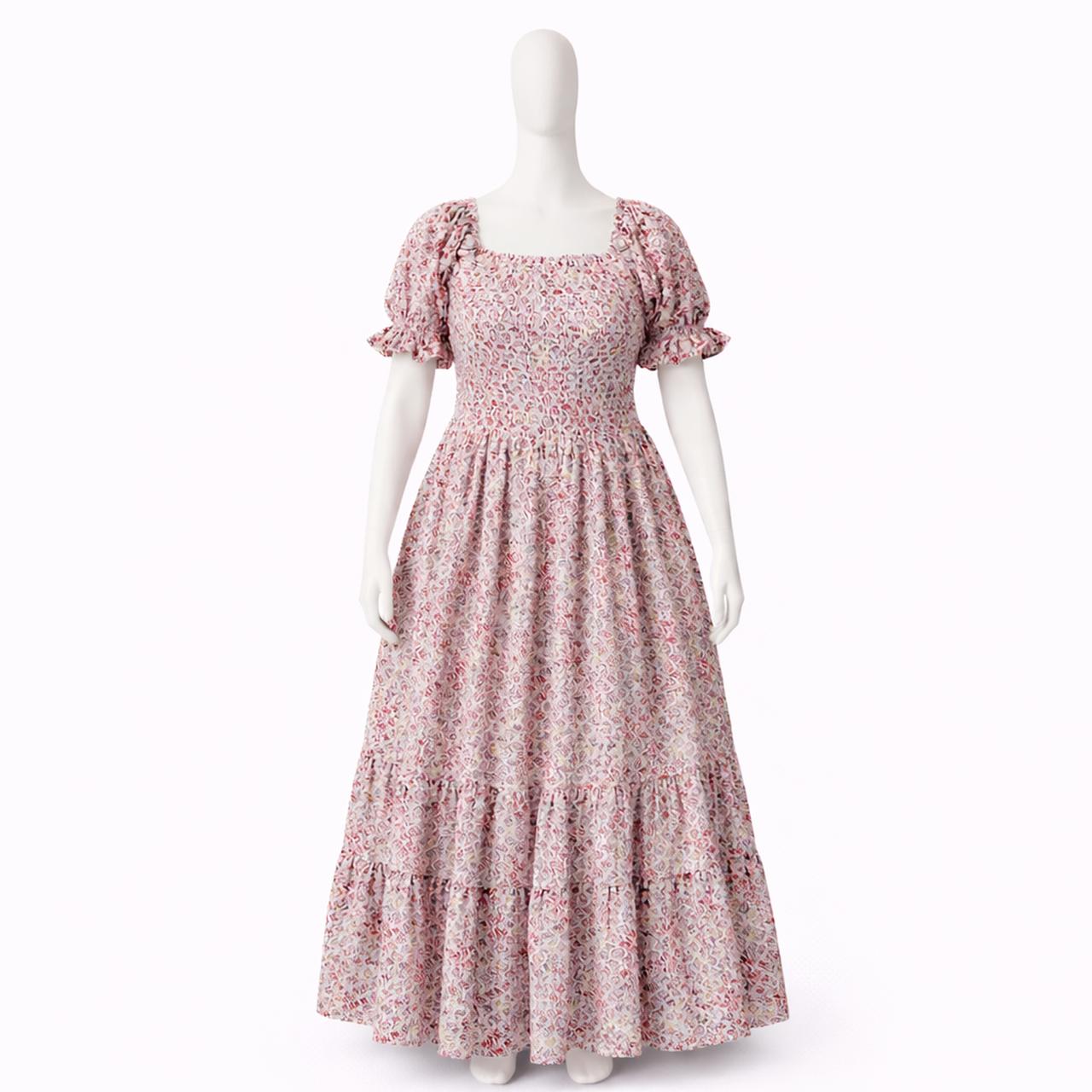 Women's pink printed sundress with puff sleeves