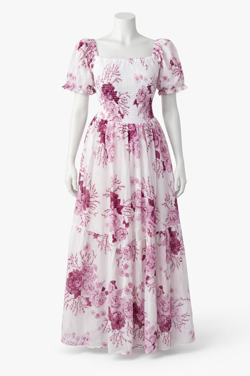 Women's white printed sundress with puff sleeves