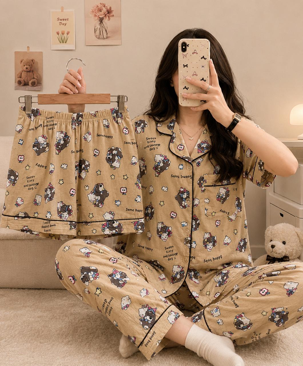 Sweet kitty Printed Premium 3-Piece Cotton Lounge Set