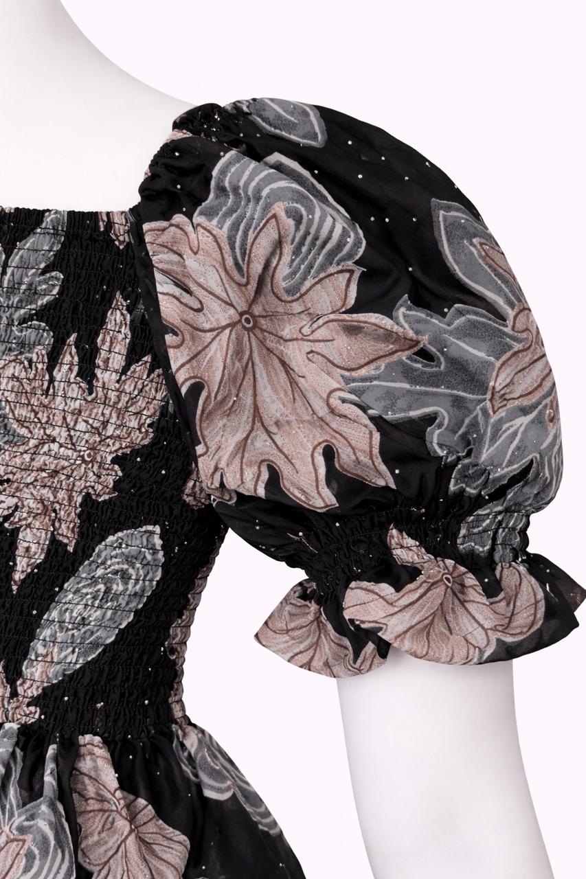 Women's Black floral printed sundress with puff sleeves