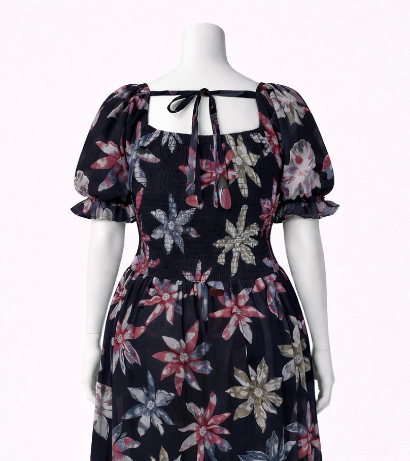 Women's Black floral printed sundress with puff sleeves