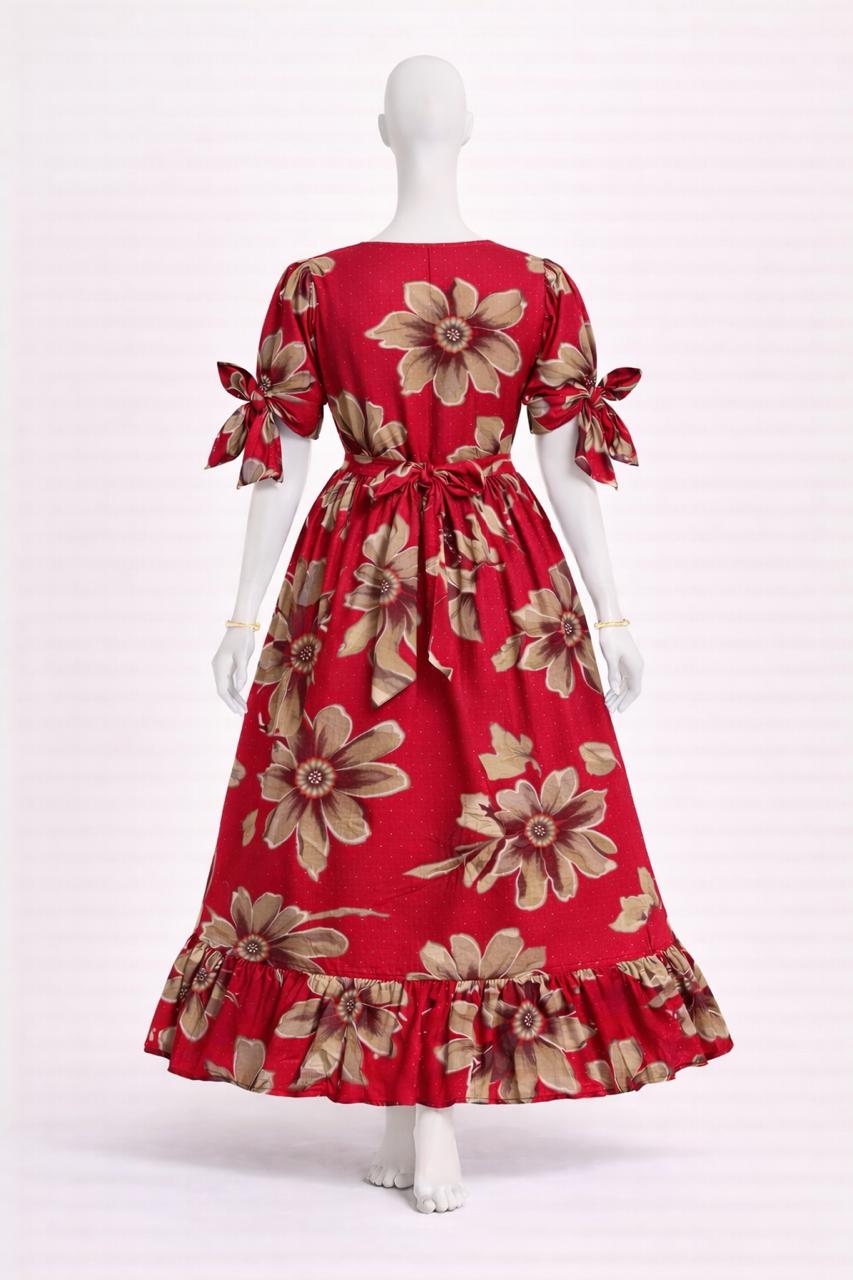 Women's red floral maxi with puff sleeves tie up dress