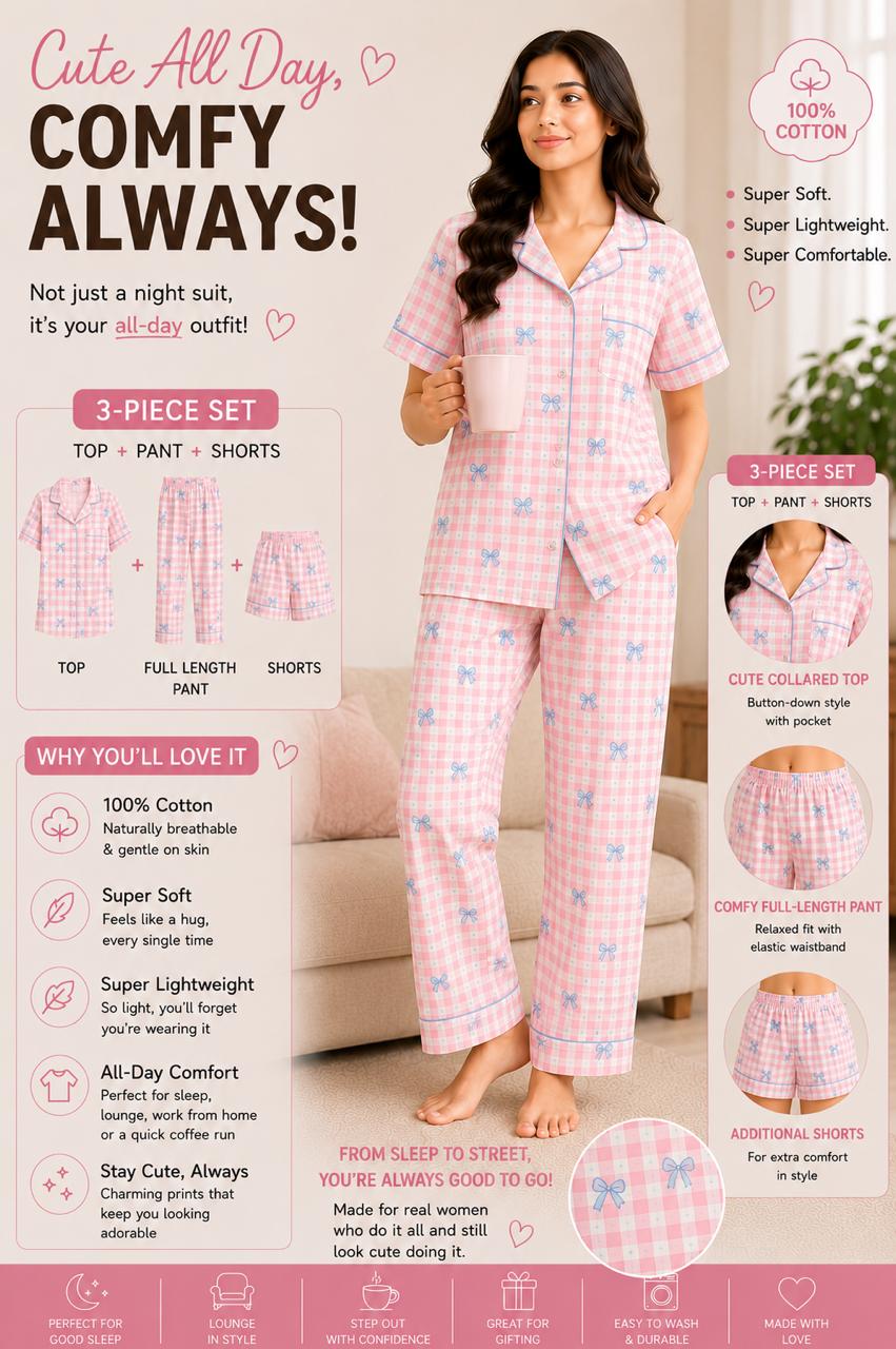 Bow Printed Premium 3-Piece Cotton Lounge Set