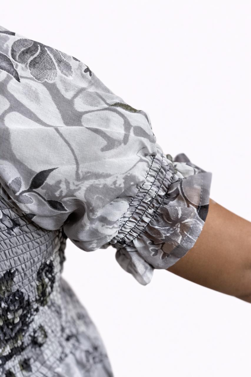 Women's Grey printed sundress with puff sleeves