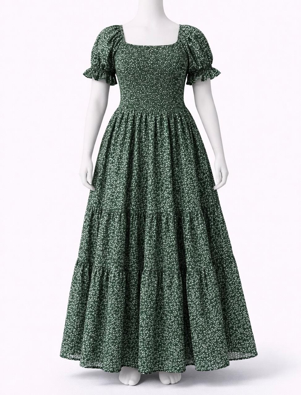 Women's green floral printed sundress with puff sleeves