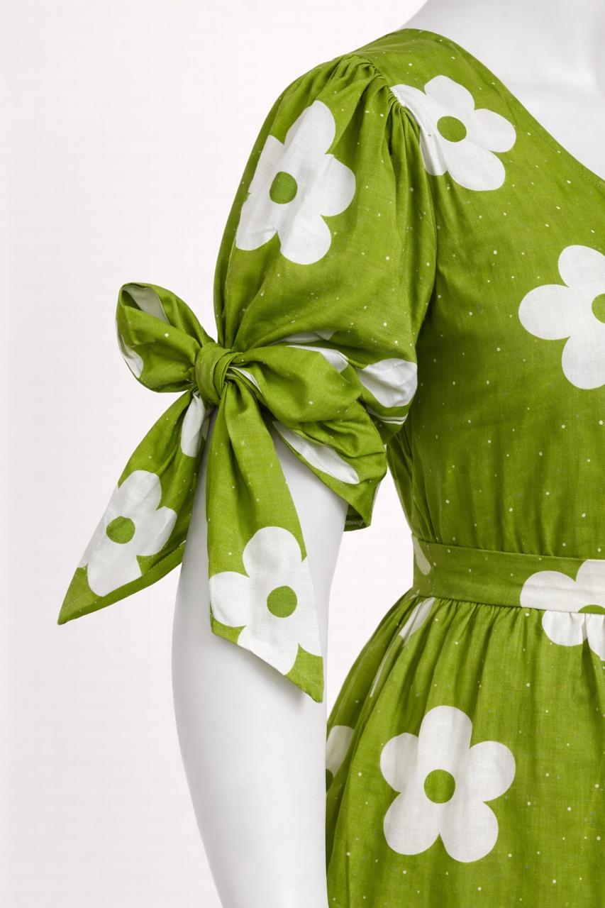 Women's green floral maxi with puff sleeves tie up