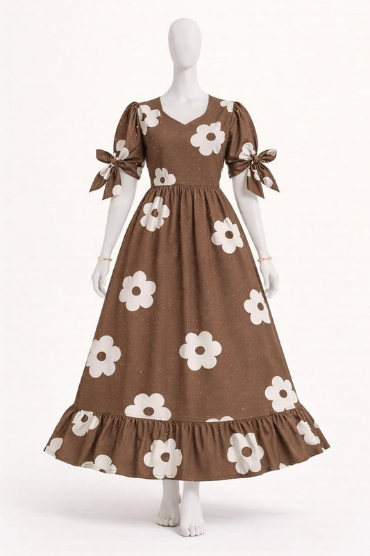 Women's brown floral printed maxi with puff sleeves tie up dress