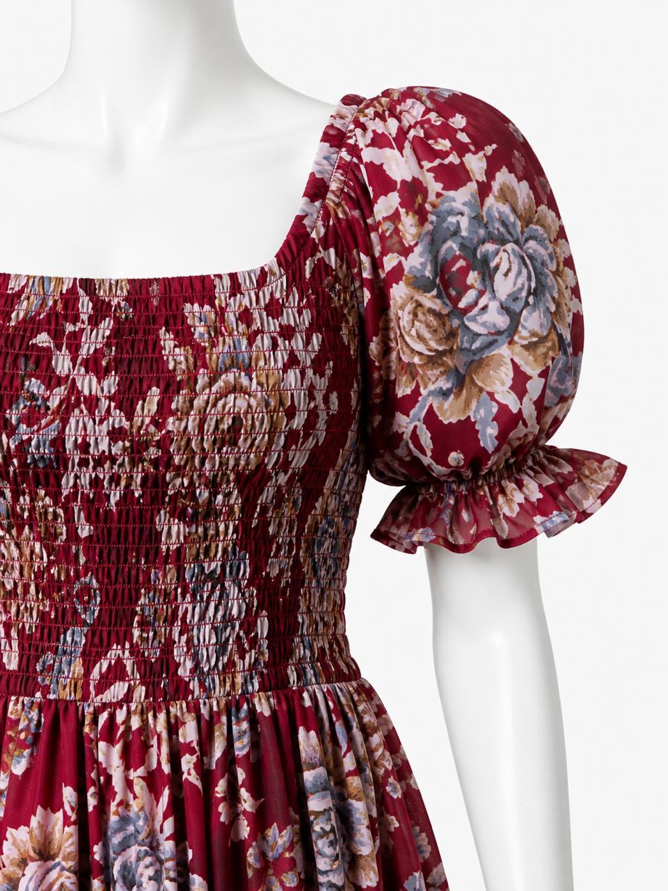 Women's red printed sundress with puff sleeves