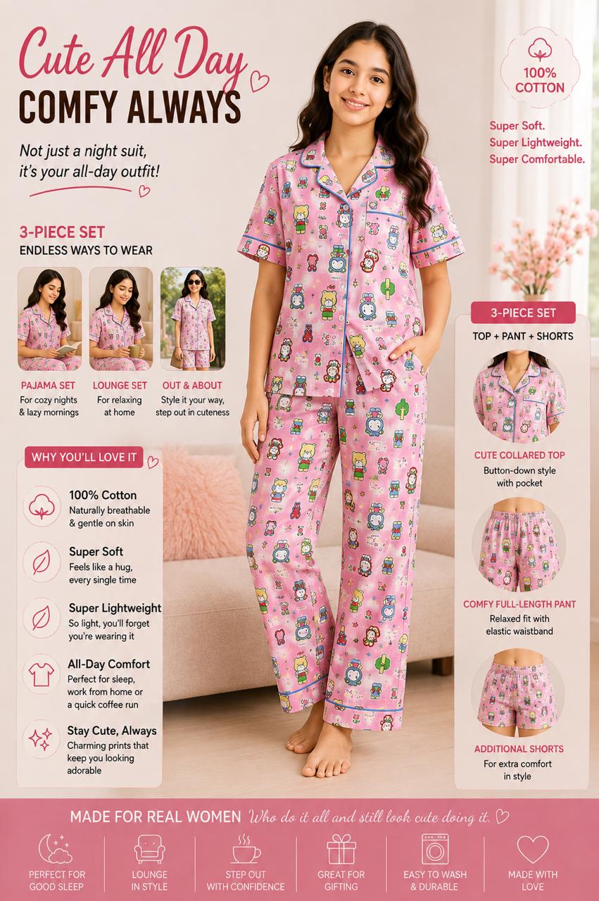 Kids Pink kitty Printed Premium 3-Piece Cotton Lounge Set
