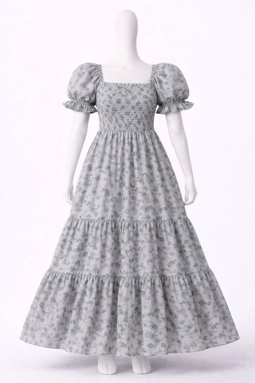 Women's grey floral printed embroidery sundress with puff sleeves