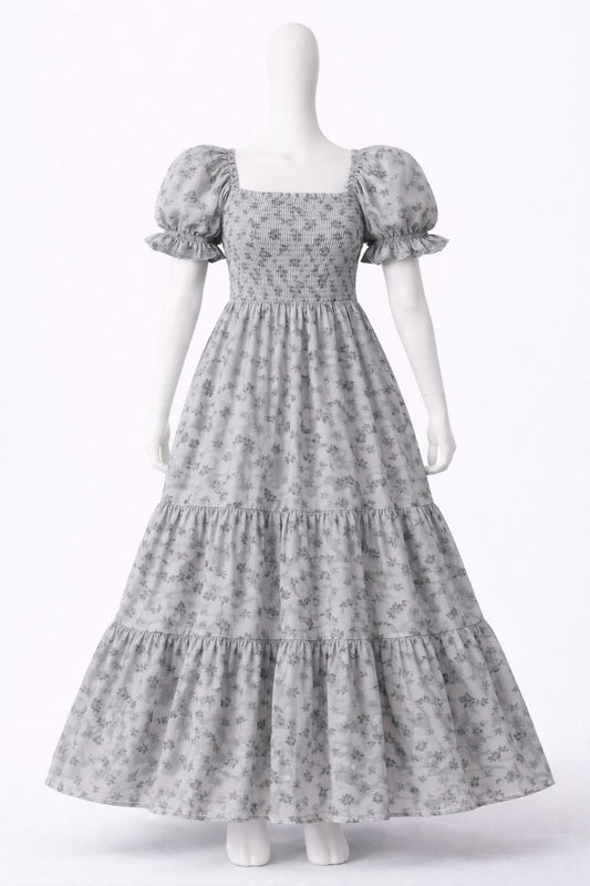 Women's grey floral printed embroidery sundress with puff sleeves