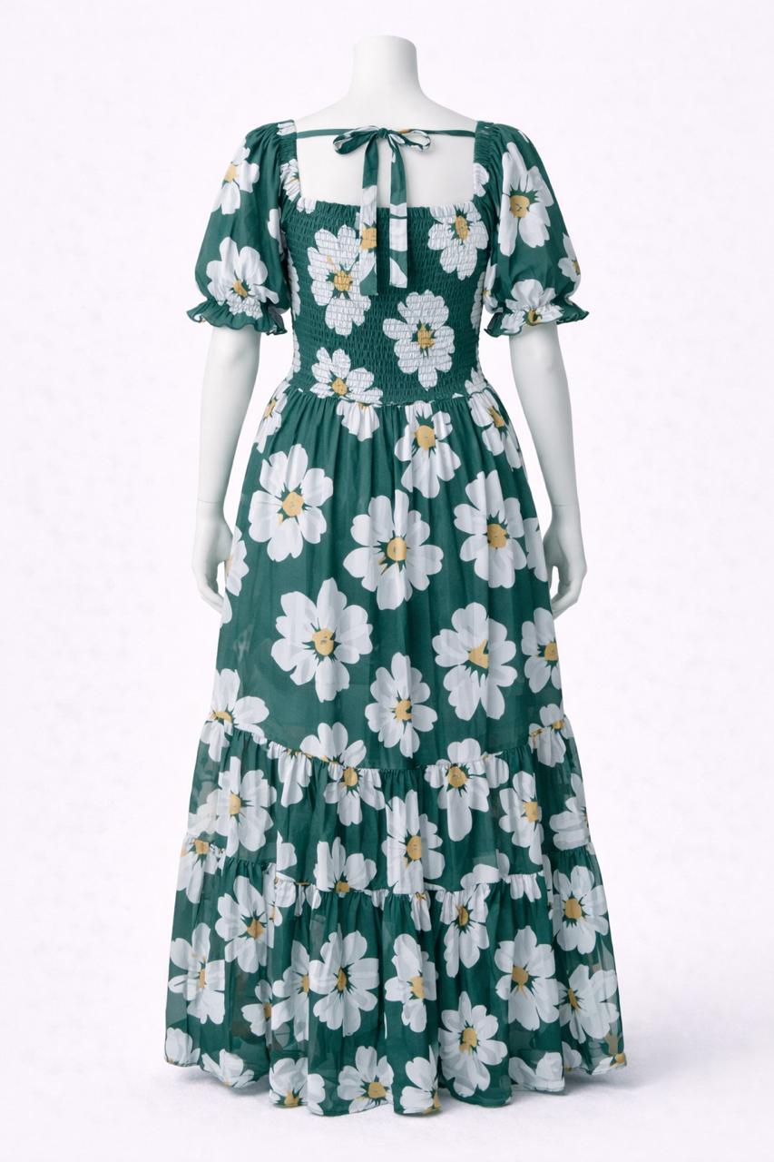 Women's green & white flower printed sundress with puff sleeve