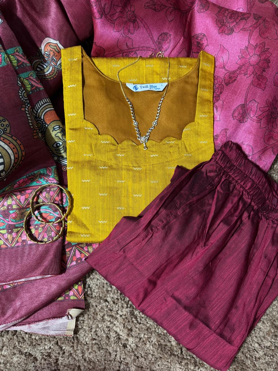 Pure Raw Silk Churidar Set with Kalamkari Dupatta & Pant
