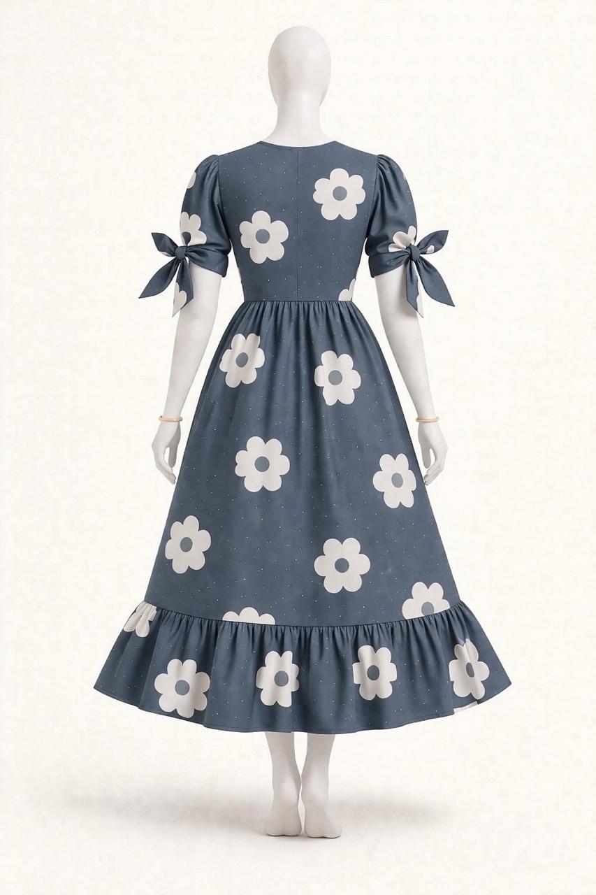 Women's grey floral printed maxi with puff sleeves tie up dress