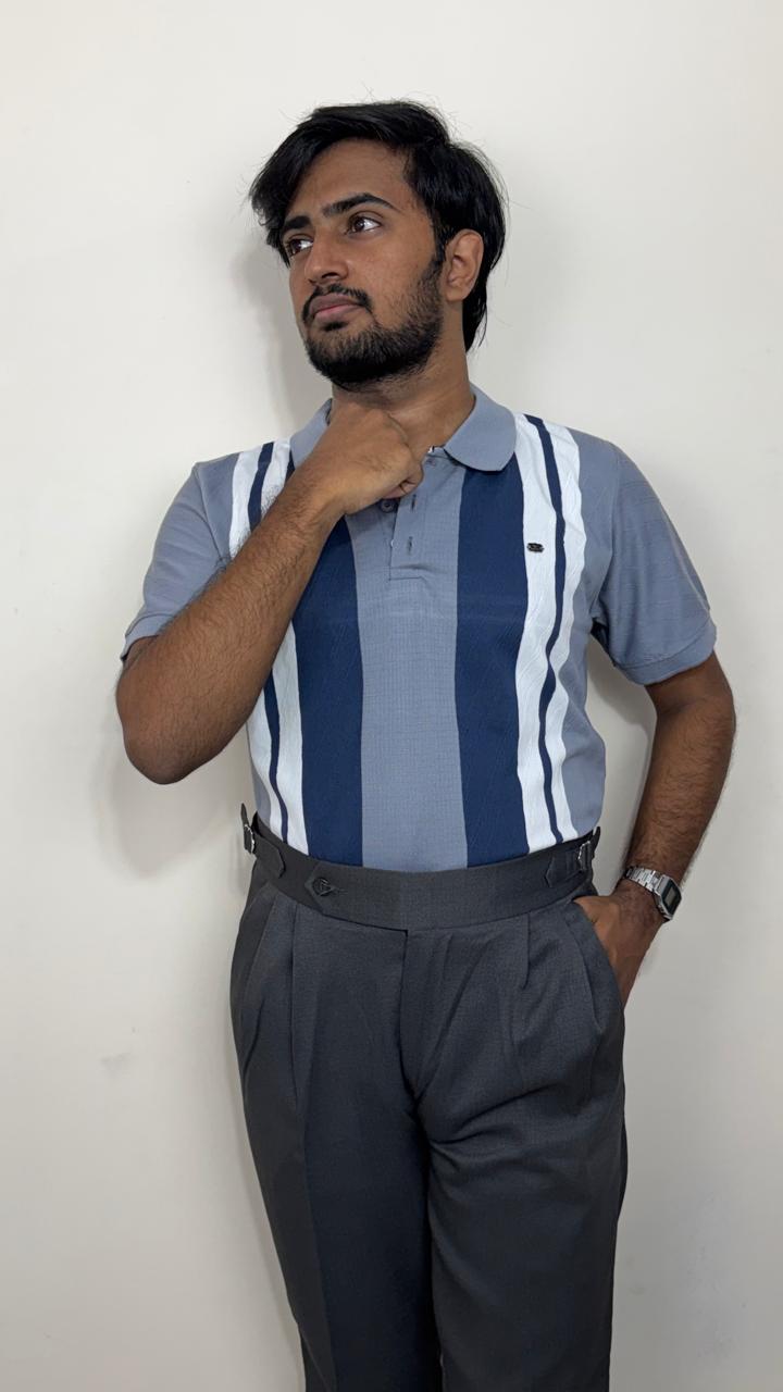 Men’s Indigo Blue Knitted Cotton Polo T-Shirt | Premium Vertical Stripe Polo Tee