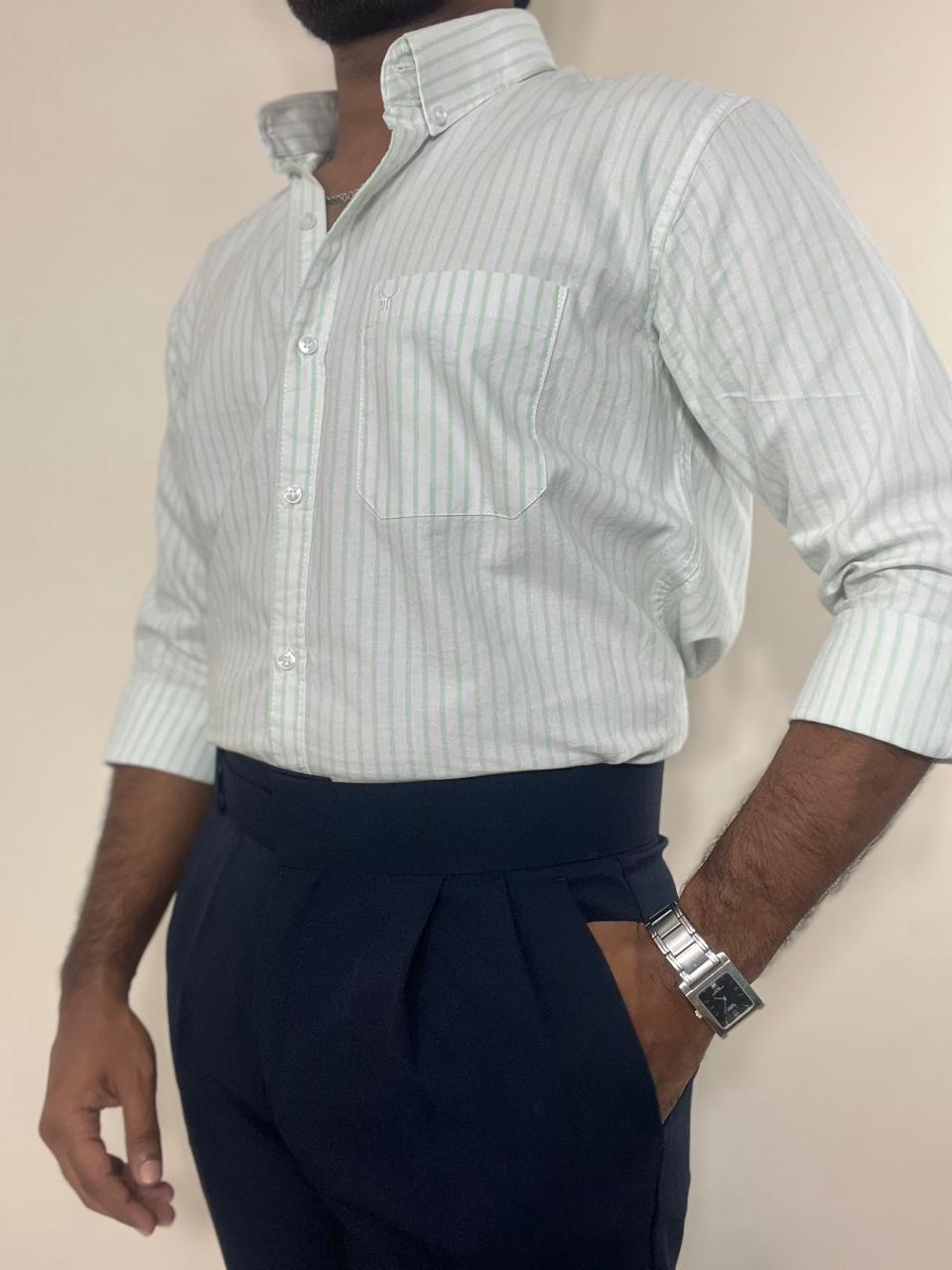 Mint striped oxford cotton-linen shirt | button-down collar