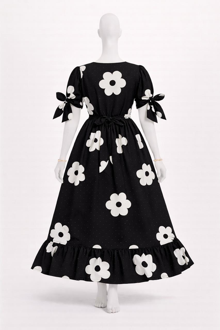 Women's Black floral maxi dress with puff sleeves tie up dress