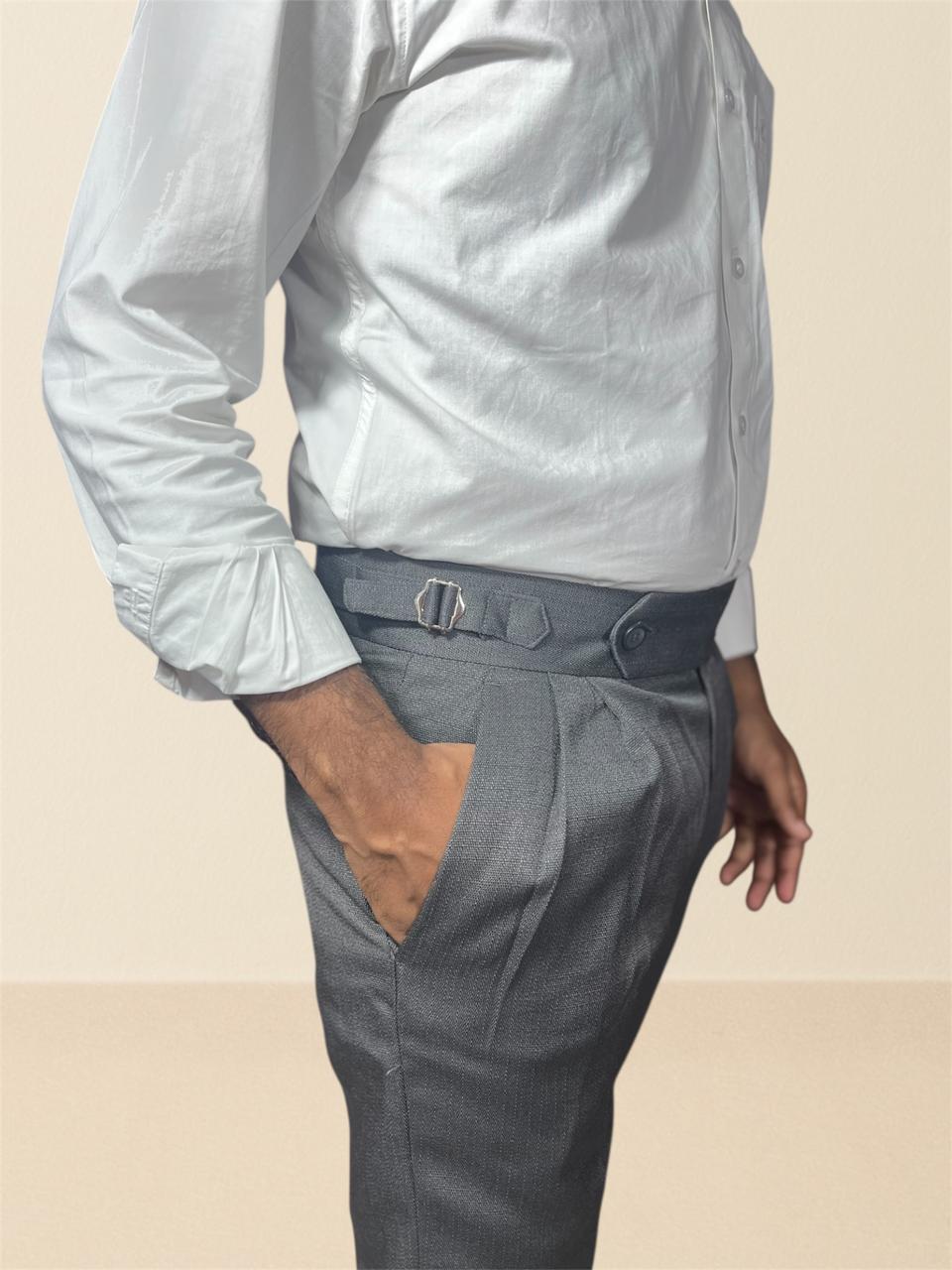 Drack Grey Double _Buckle Linen Textured Gurkha pants for Men
