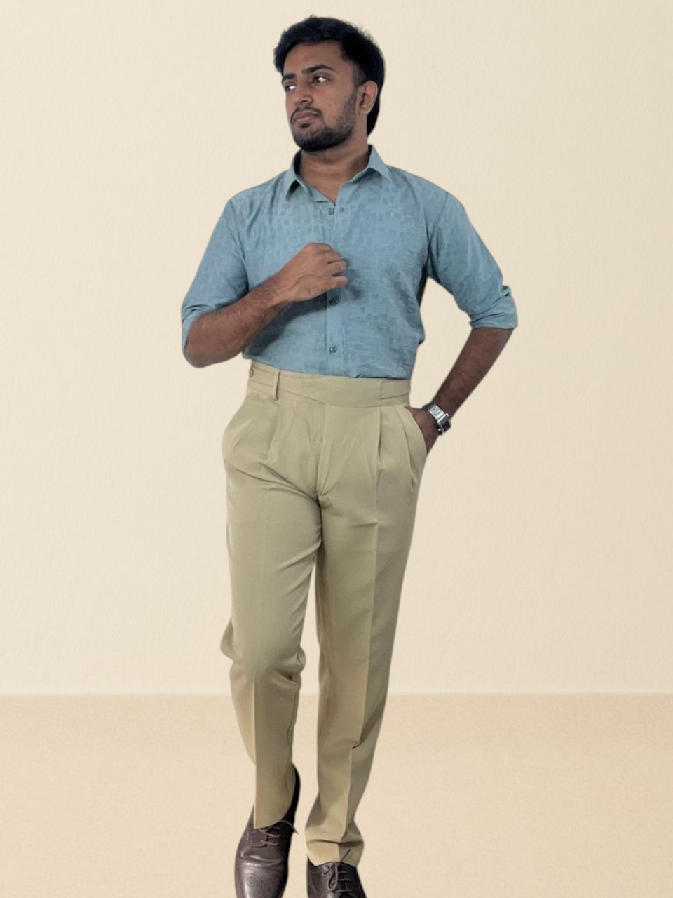 Beige double button gurkha pants for men