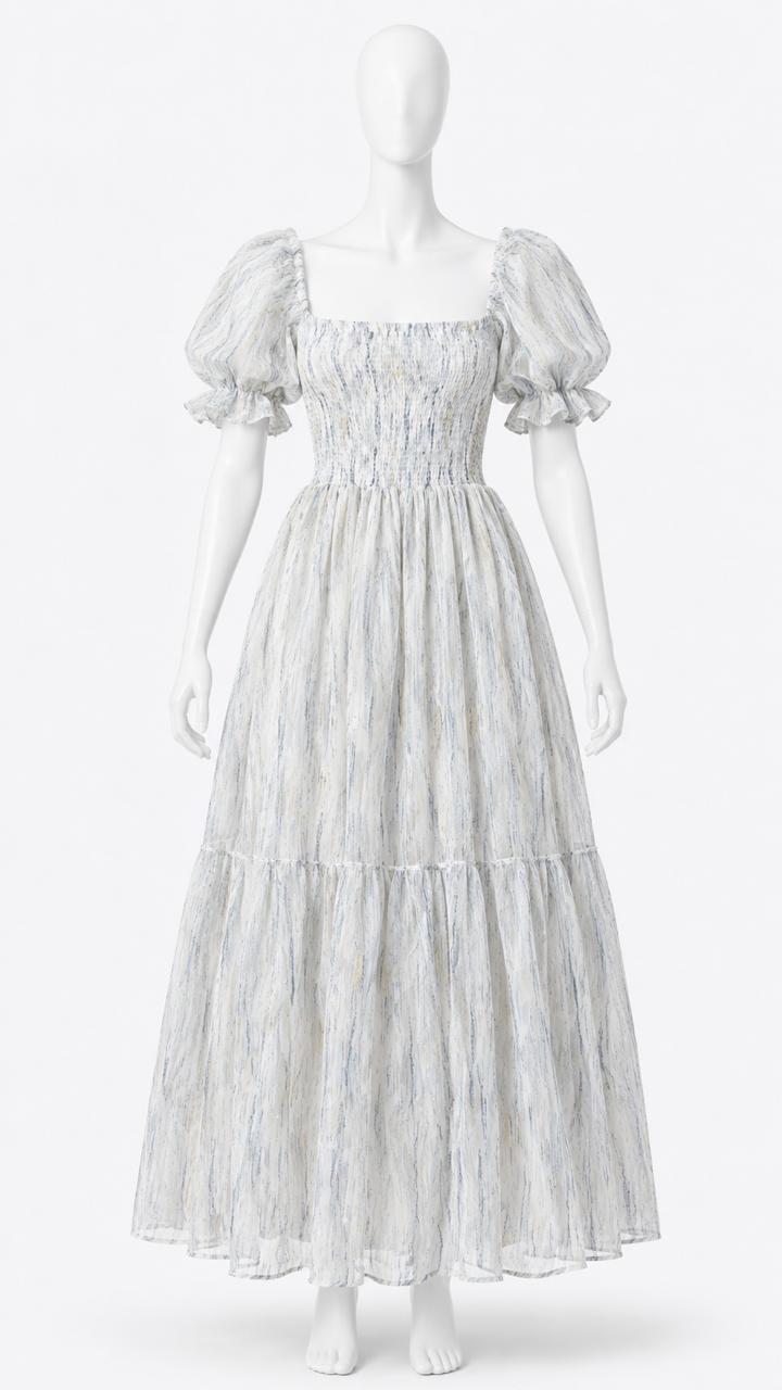 Women's white printed sundress with puff sleeves