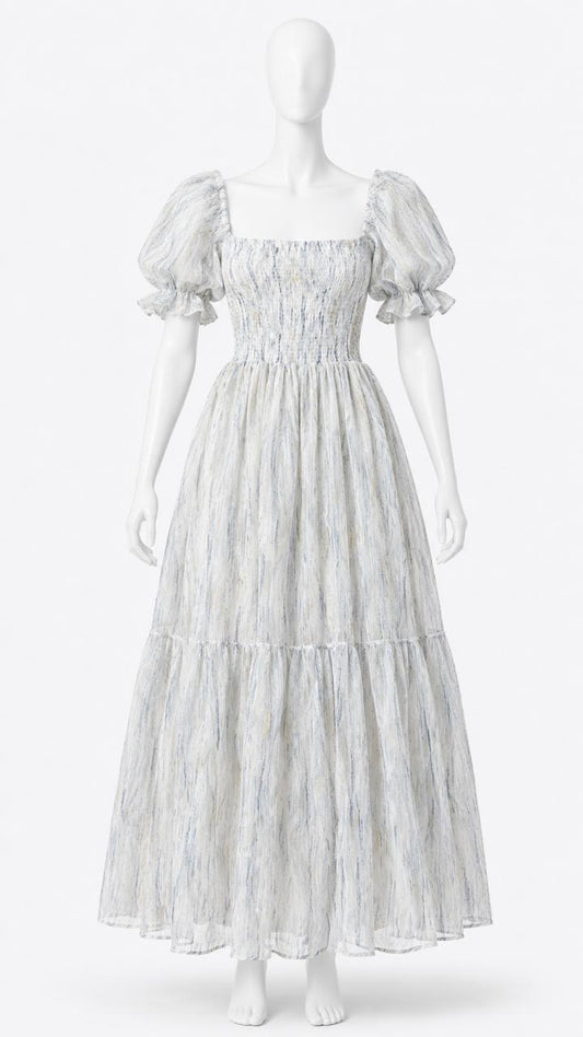 Women's white printed sundress with puff sleeves