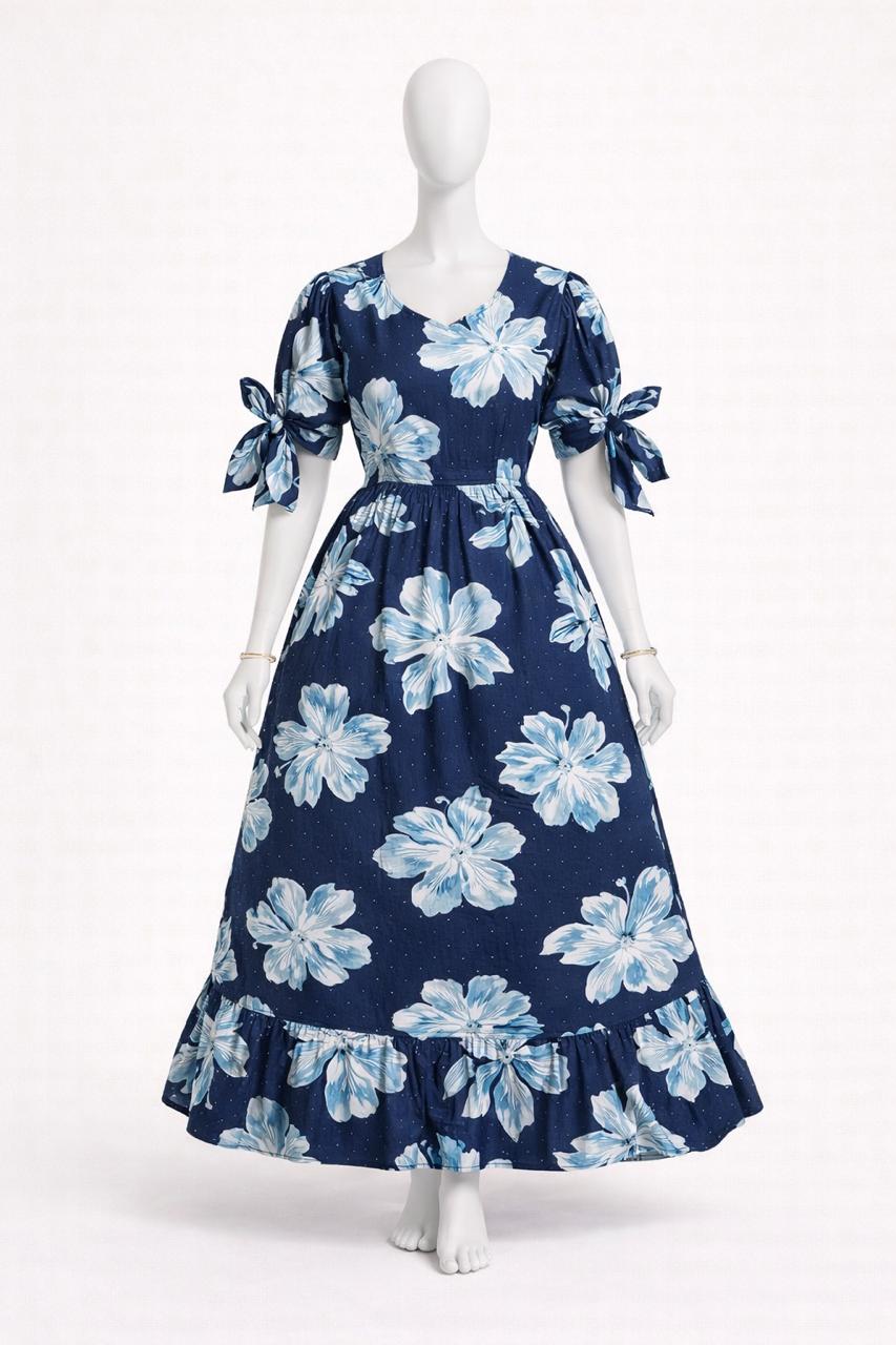 Women's navy blue floral maxi with puff sleeves tie up dress