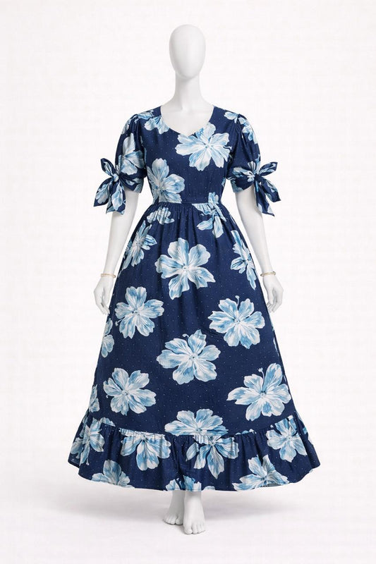 Women's navy blue floral maxi with puff sleeves tie up dress